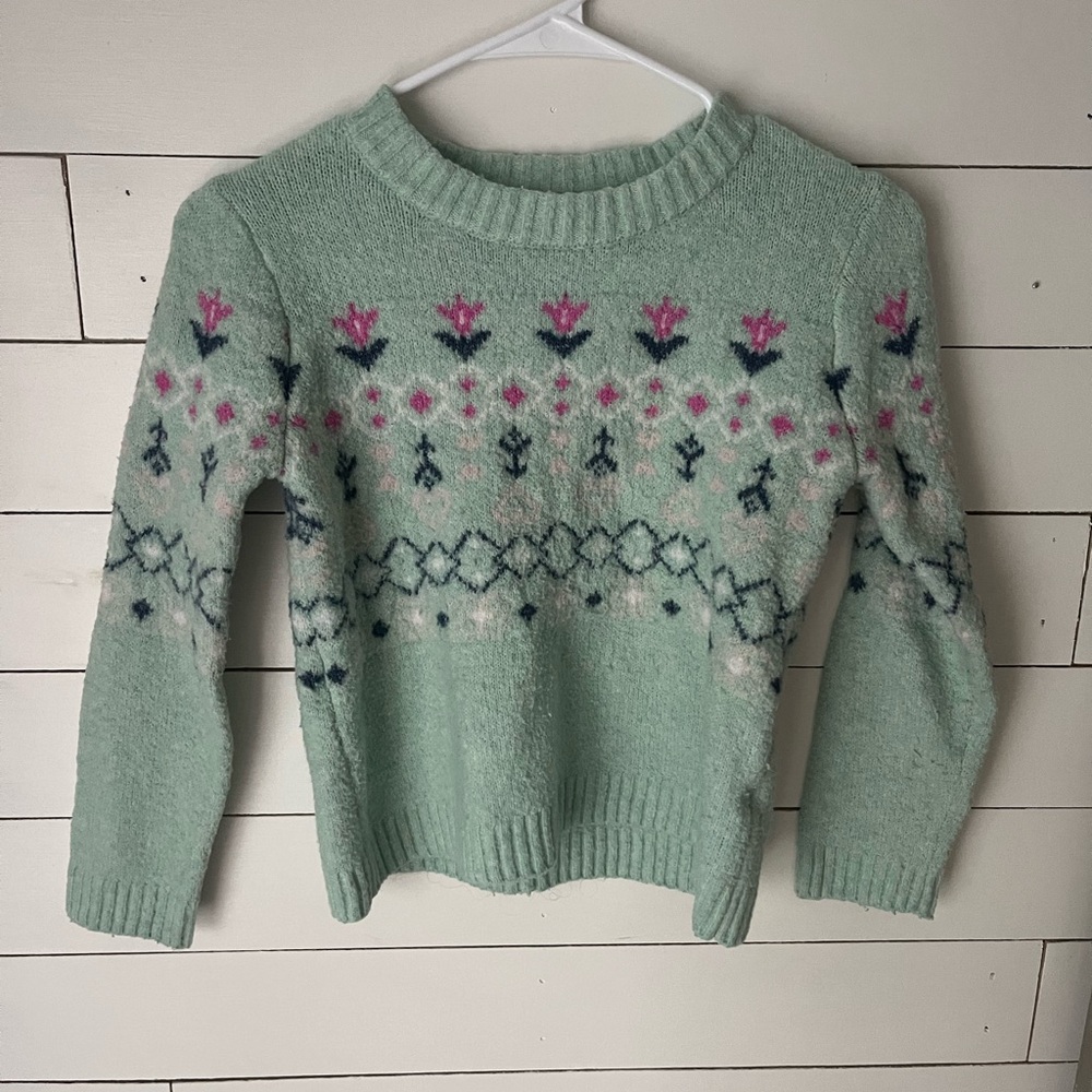 Pink Republic Teal and Pink Crew Sweater with Fair Isle Pattern